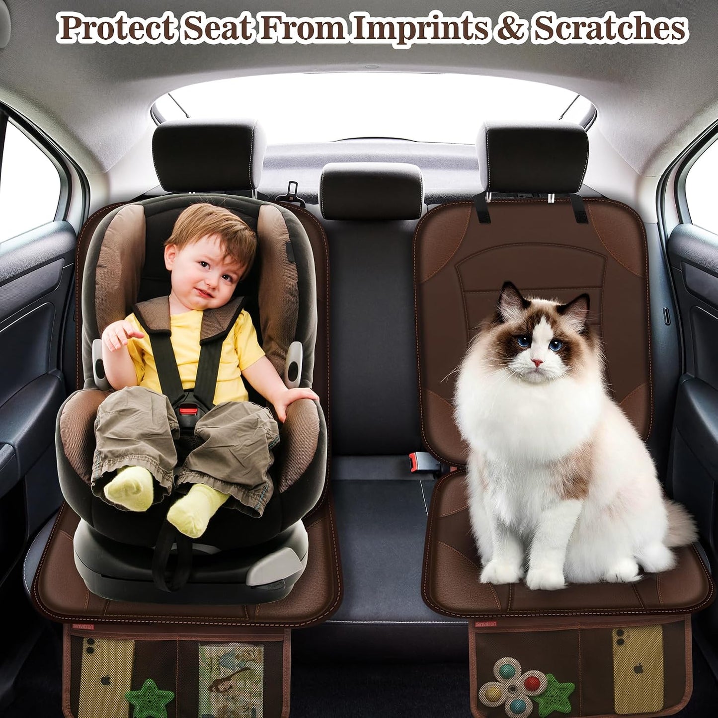 Sinvitron Car Seat Protector for Child Car Seat - Waterproof Non-Slip Leather Mat with 2 Mesh Pockets, Universal Seat Cover for Baby, Pets & Vehicles(2-Pack,Black)