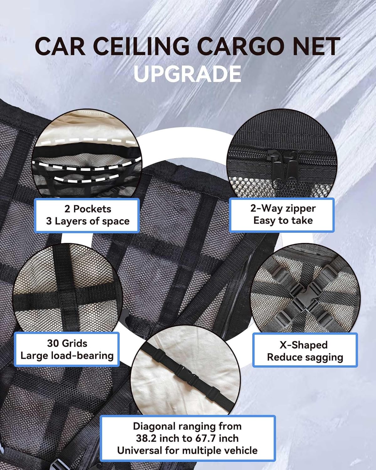 Car Ceiling Cargo Net with 2 Pockets - 35.4"x25.5" Cross-Strap Reinforced Double-Layer Mesh Organizer, Adjustable for SUVs - Road Trips, Camping, Commuting Storage Organization - Black