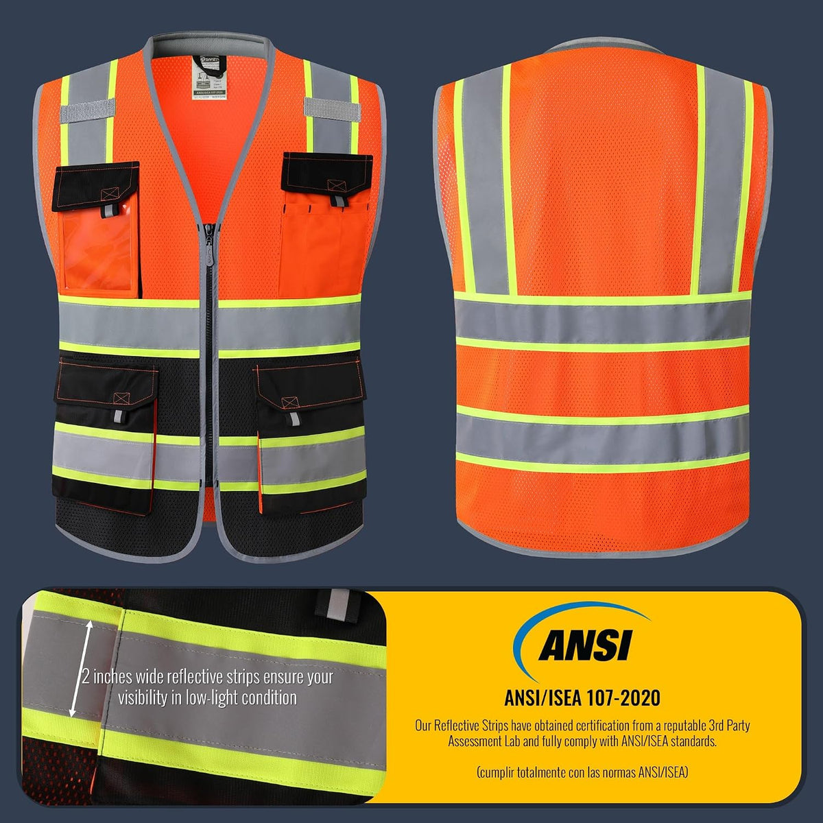 JKSafety Safety Vest for Men Women Hi Vis with Pockets and Cushioned Collar Construction Vest Meet ANSI Standard (BX360)