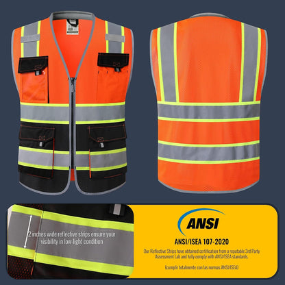 JKSafety Safety Vest for Men Women Hi Vis with Pockets and Cushioned Collar Construction Vest Meet ANSI Standard (BX360)