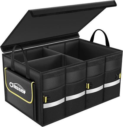 Oasser Car Trunk Organizer, 3 Compartments Collapsible Waterproof Car Organizer Storage with Foldable Cover, Reflective Strip, Non-Slip Bottom, 4 Mesh Pockets for SUV/Truck/Sedan/Camping/Road Trip