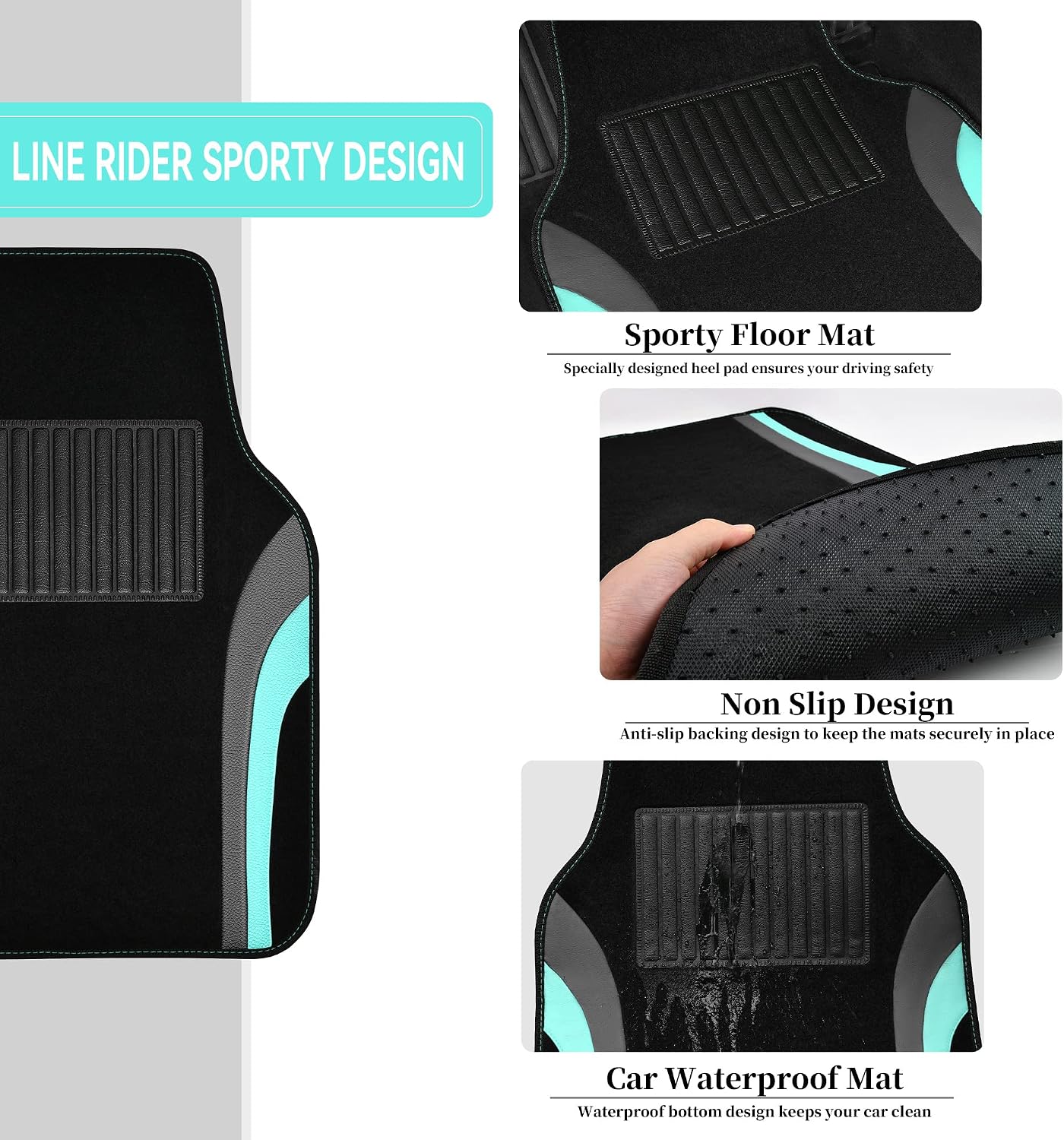 CAR PASS Leather Waterproof Sporty Car Floor Mats Carpet,Universal Automotive Floor Mat Fit for Sedans, Cars, Mid Trucks, Vans, SUV, Set of 4 (Black and Gray)