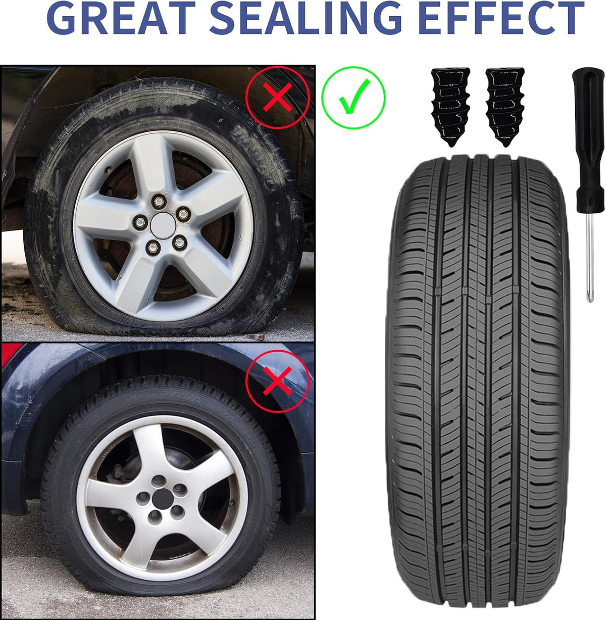 Tire Repair Nails 70PCS, Rubber Screw in Tyre Repair Screws Plugs Flat Tire Fix Rubber Nail Kits Heavy Duty Vacuum Tyre Tool with Screwdriver Box for Car Motorcycle Truck Jeep Puncture (35S+35L)