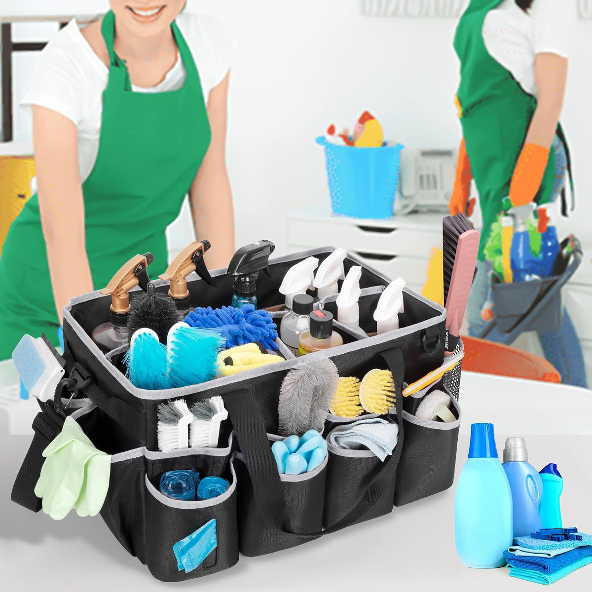 HODRANT Extra-Large Wearable Cleaning Caddy, Organizer Bag for Products, Housekeeper Tote With Pad, Handle & Divider, Car Wash Tools Bag for Detailing Supplies, Gray Edge