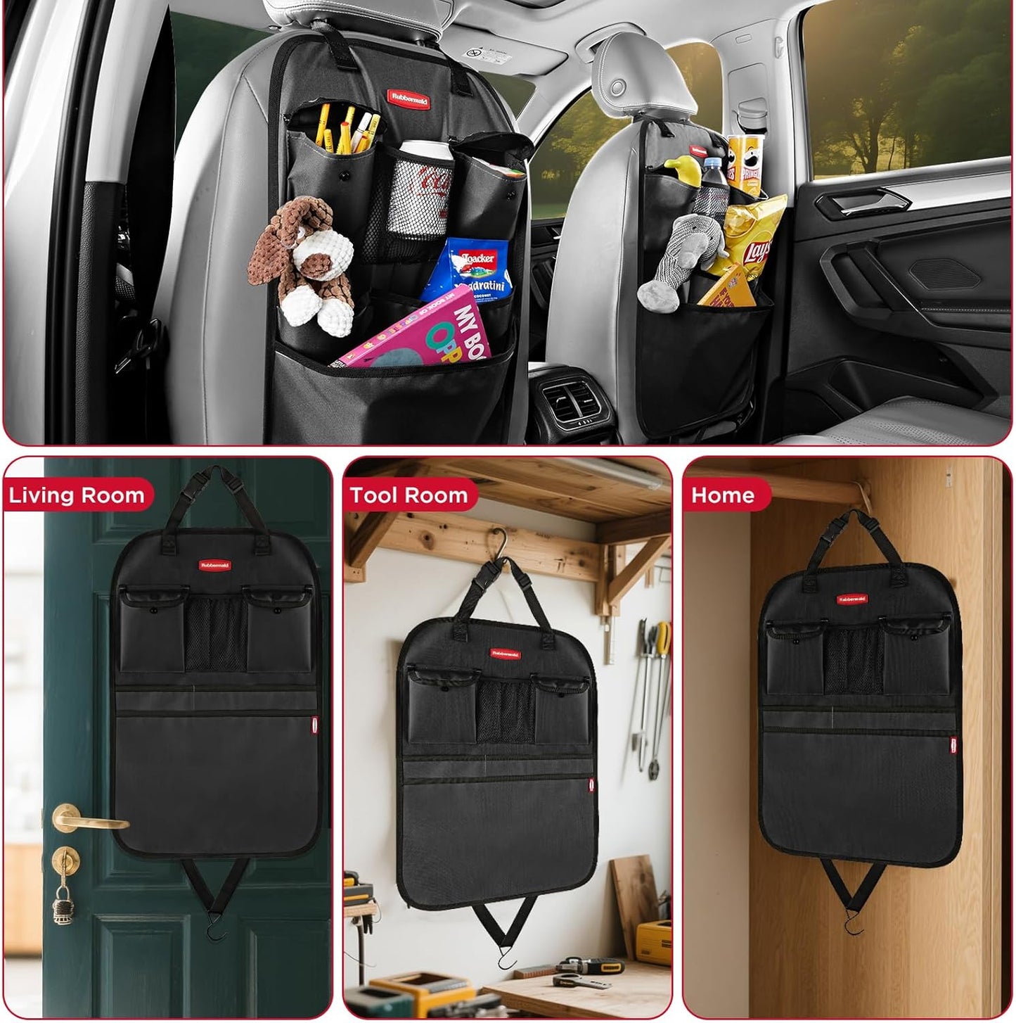Rubbermaid Backseat Car Organizer, Kick Mats and Seat Back Protector, Car Organizer for Kids with 6 Storage Pockets, Travel Essentials for SUV, Truck, Car - 2 packs Gray