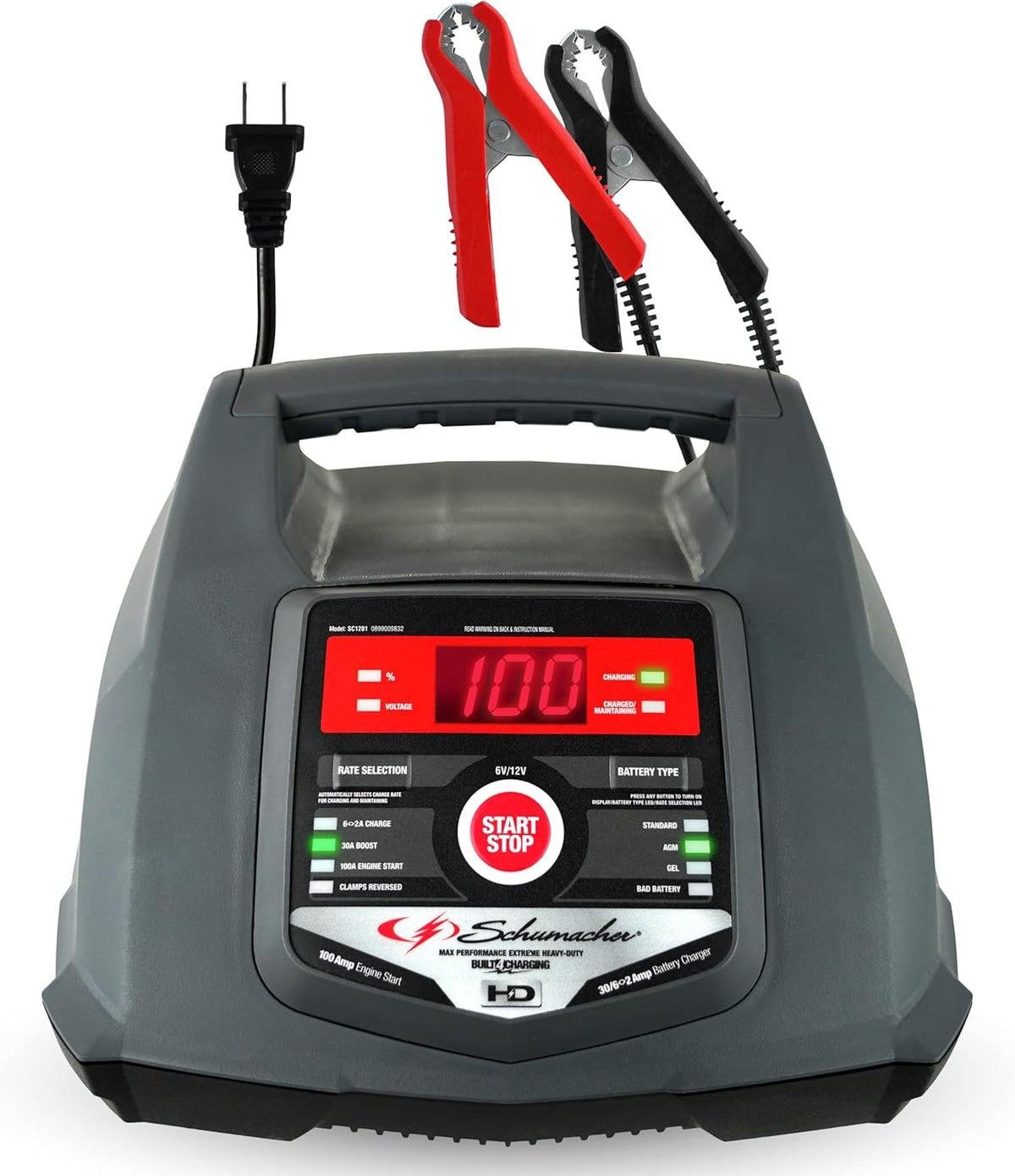 Schumacher Electric 6A Car Battery Charger and 100A Engine Starter, 6-in-1 Solution, Maintainer, 30A Boost, for 6V/12V Power Sport, Automotive, and Marine Batteries, SC1308