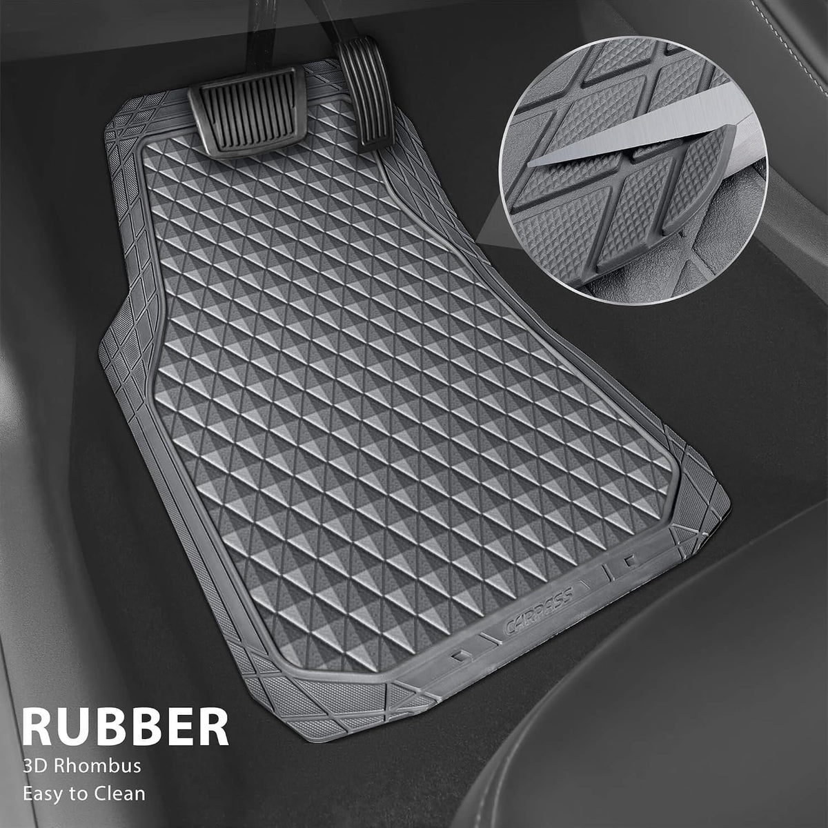 CAR PASS Black Rubber Car Mats, All-Weather Floor Mats Full Set Durable Anti-Slip 3D Rhombus Waterproof Automotive Pad Trim to Fit Liner Universal Fit for Sedan SUV Truck Van, 4 Pcs All Black Rubber