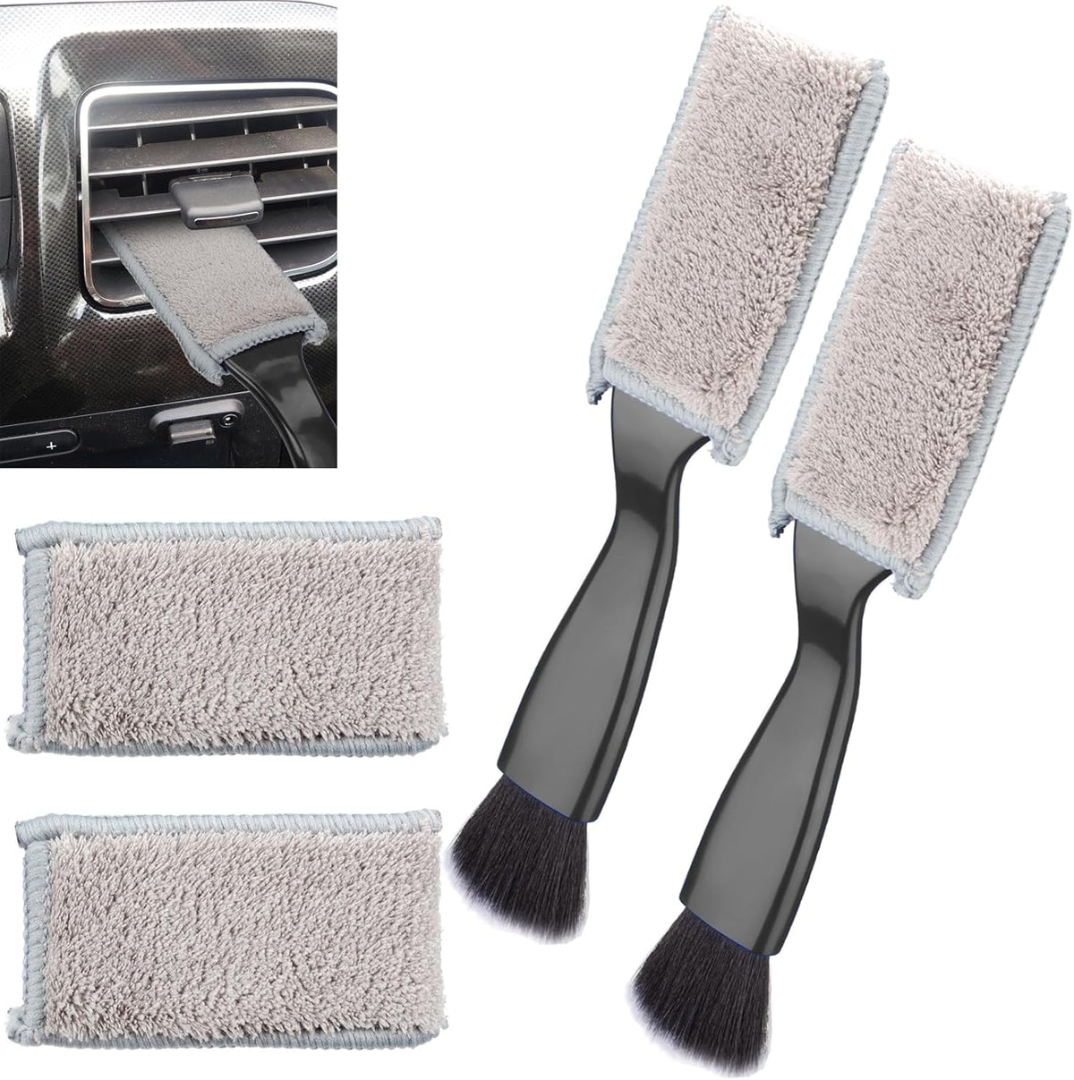 Double Head Brush for Car Clean, 2 in 1 Car Detailing Brush, Car Accessories Double Ended Portable Dust Brush with 2 Cleaning Cloth, Universal Dust Removal Brush for Air Conditioner Outlets
