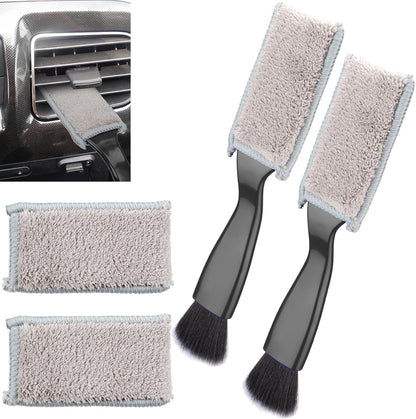 Double Head Brush for Car Clean, 2 in 1 Car Detailing Brush, Car Accessories Double Ended Portable Dust Brush with 2 Cleaning Cloth, Universal Dust Removal Brush for Air Conditioner Outlets