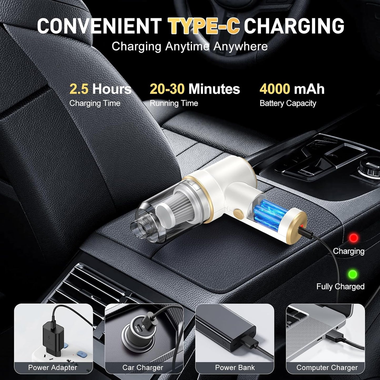 KMM Handheld Car Vacuum Cleaner, 9000Pa Vacuum Cleaner and Air Duster, 120W High Power Hand Held Vacuum with LED Light and Multi-Nozzles for Car, Home, Office, Pet