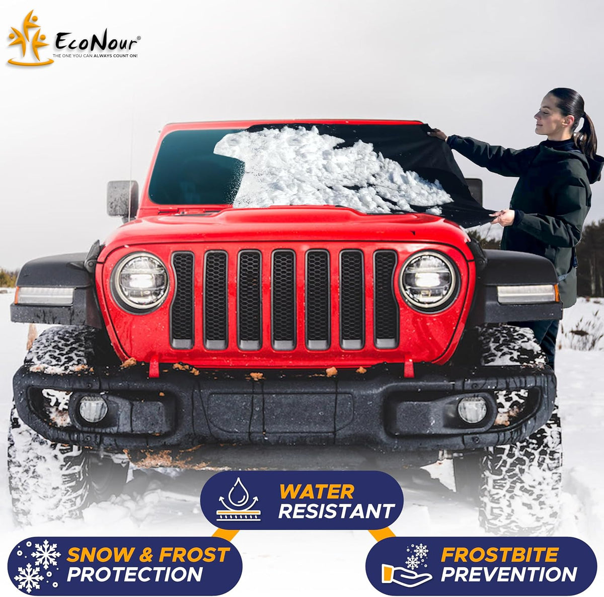 EcoNour Windshield Cover for Ice and Snow - Universal Fit for Car, SUV, Truck, Heavy Duty 600D Oxford Fabric Frost Protector for Ice & Sleet, Includes Anti-Theft Straps, Medium (69"x42")