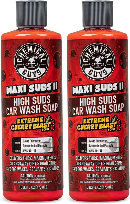 Chemical Guys Maxi Suds II Foaming Car Wash Soap – High Foam Car Wash Soap, Cherry Scent Shampoo and Gloss Booster for Foam Cannons, Guns or Buckets – Gentle, Safe for Trucks, SUVs, and RVs, 64 oz
