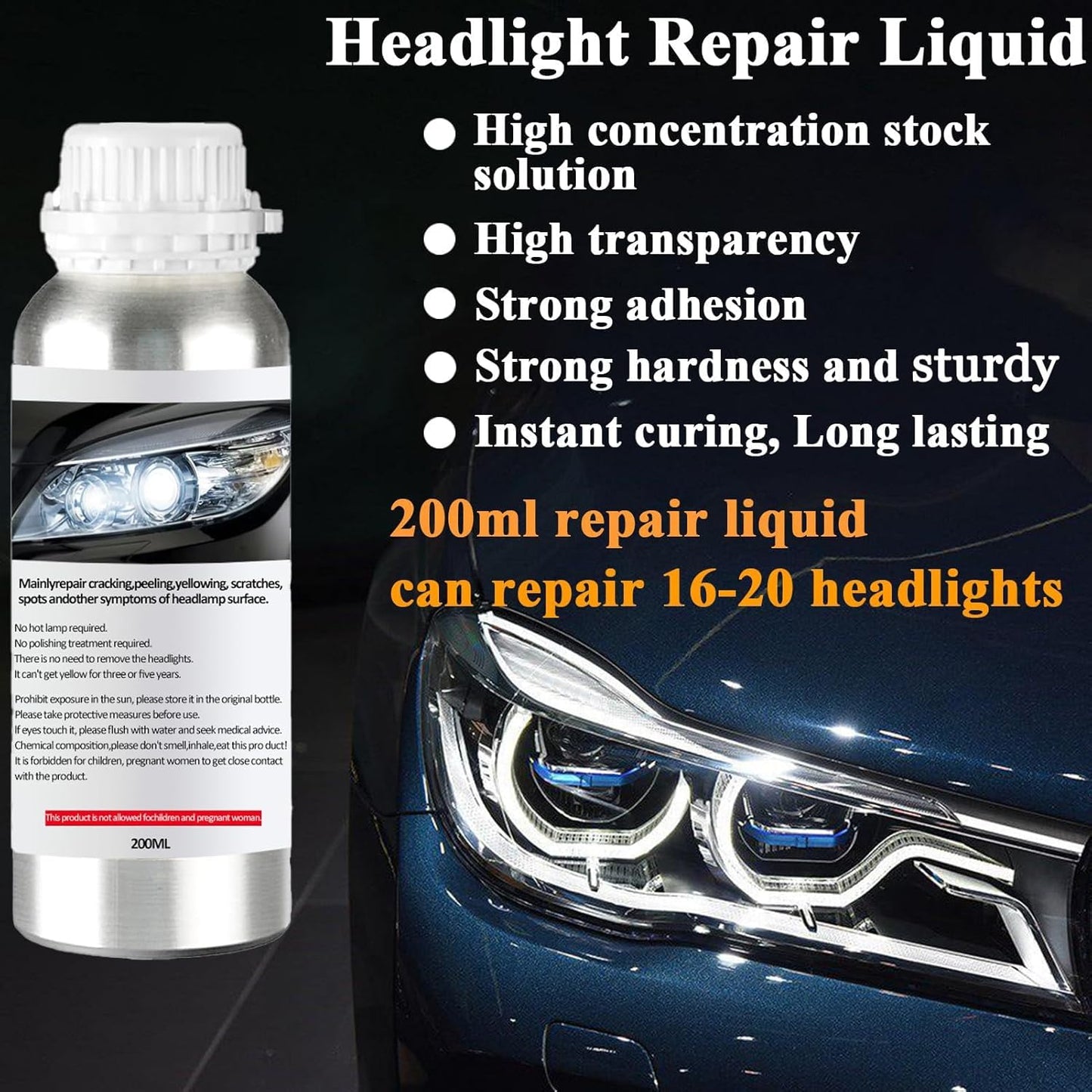 Pmbqifay Headlight Restoration Kit, Car Headlight Polish Repair Renovation Kit with 200ML Repair Liquid for Repair Headlight Yellowing, Haze, Oxidation, Scrashes