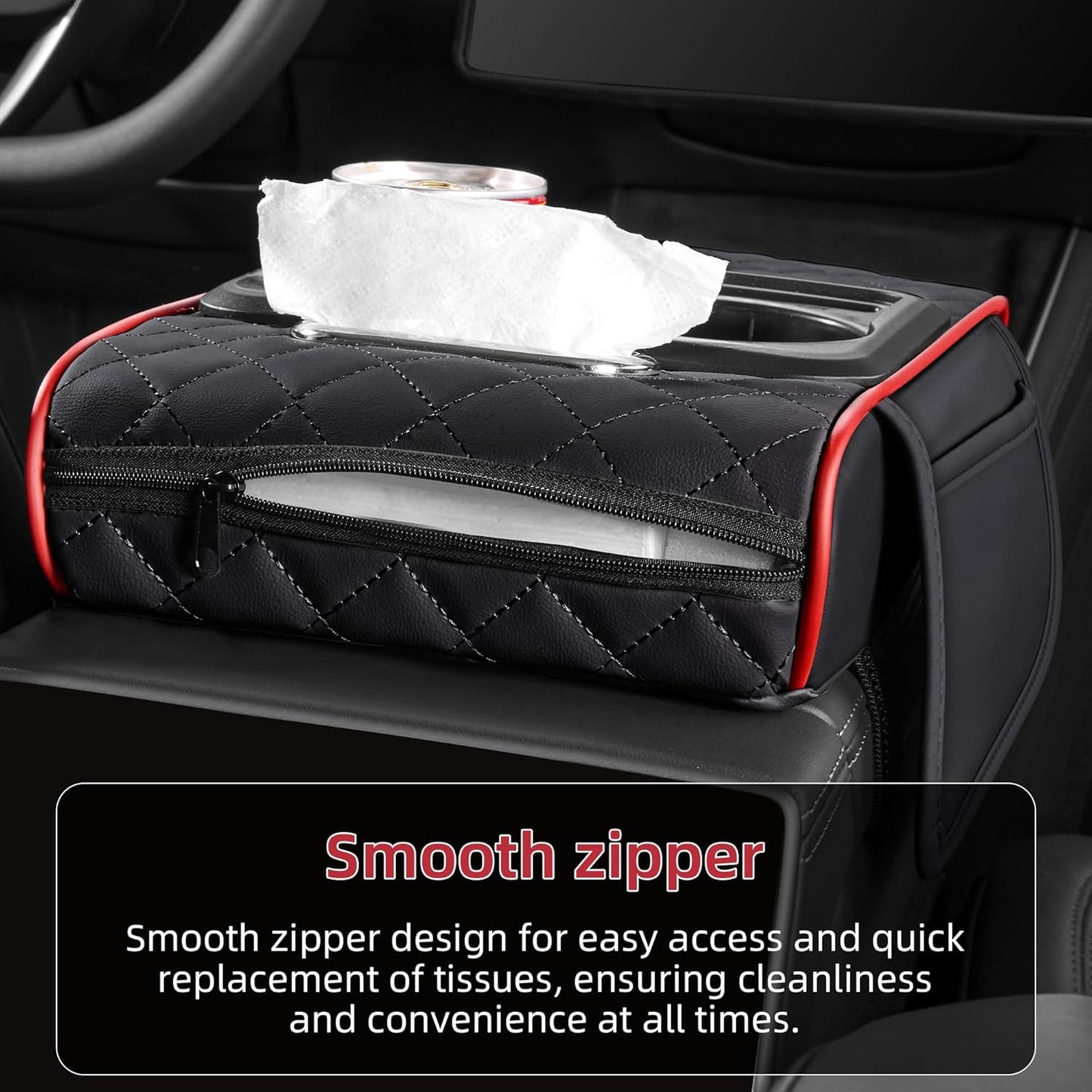 5 in 1 Car Center Console Cover, Armrest Pad with 2 Storage Pockets, Cup Holder, Tissue Slot, Phone Holder, Nappa Leather Memory Foam Car Accessories for SUV Sedan Truck (Black)