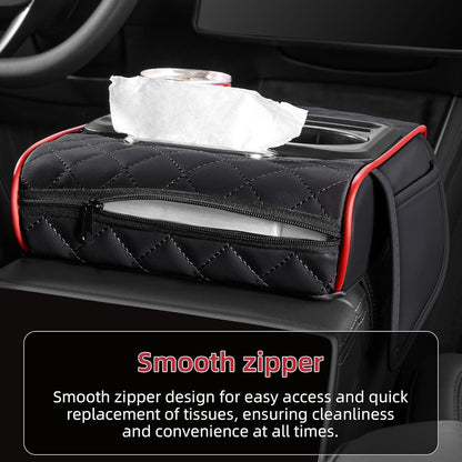 5 in 1 Car Center Console Cover, Armrest Pad with 2 Storage Pockets, Cup Holder, Tissue Slot, Phone Holder, Nappa Leather Memory Foam Car Accessories for SUV Sedan Truck (Black)