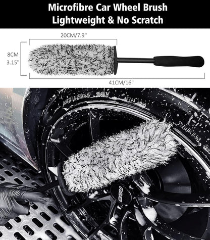 YeewayVeh 4Pack Car Wheel Cleaning Kit, Bendable Wheel Brush and Microfiber Rim Cleaner Brush, Tire Brush and Car Detailing Brush, Soft & No-Scratch Car Wheel Rim Brush Set for All Wheel Types, Red