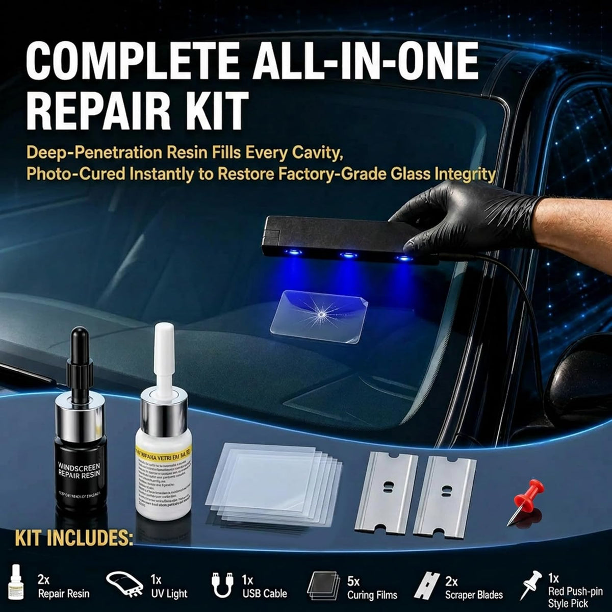 Upgraded Windshield Repair Kit for Chips and Cracks, 2026 Professional Car Glass Repair Kit with Type-C UV Curing Light, Nano Auto Glass Repair Fluid for Star, Bulls-Eye & Long Cracks, 2-Pack