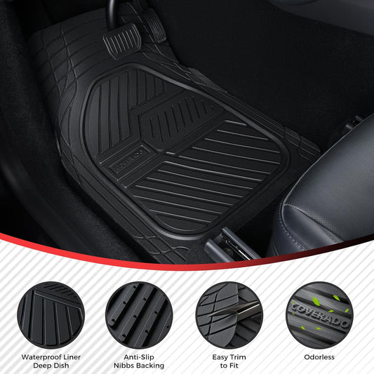 Coverado Car Floor Mats All Weather Waterproof Deep Dish Anti-Slip Car Mats Set, Heavy Duty Rubber Floor Mats for Cars, Universal Trim to Fit Automotive Floor Mats for Cars Trucks SUV, Black&Red