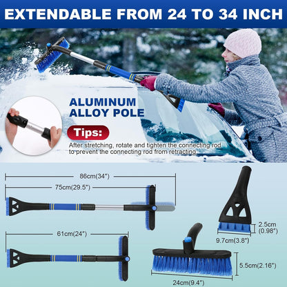 34" Extendable Ice Scrapers for Car Windshield 2-in-1 Snow Brush for Car Snow Scraper for Car Snow Scraper and Drush with Ergonomic Foam Grip for Cars, Trucks, SUVs with 360° Pivoting Brush Head Blue