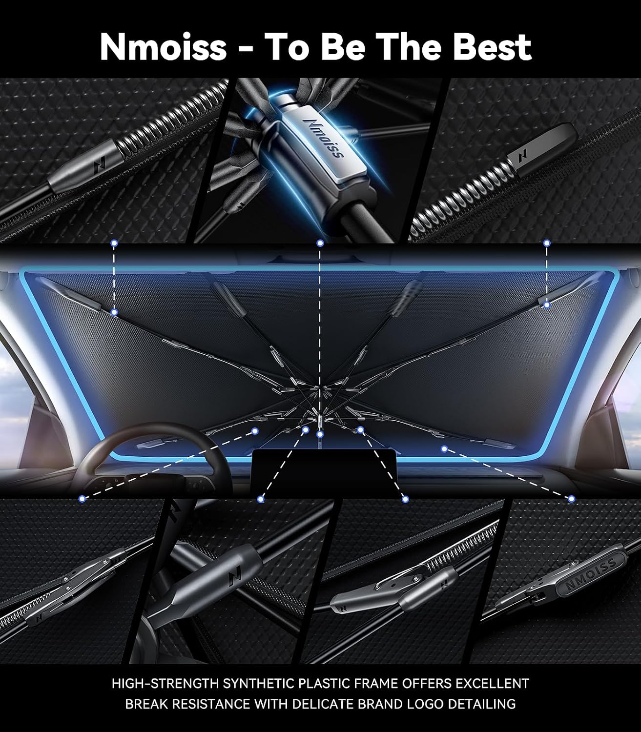 [Upgraded] Nmoiss Windshield Sun Shade Umbrella - [Vinyl Coating Heat Shield] Protect Car from Sun Rays & Heat Damage Keep Cool and Protect Interior, Spring Structure Edge Medium 56" L x 31" W