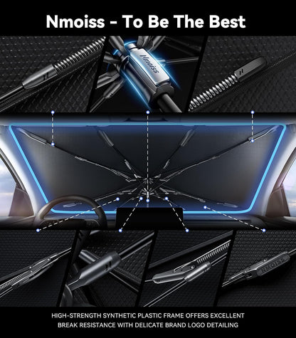 [Upgraded] Nmoiss Windshield Sun Shade Umbrella - [Vinyl Coating Heat Shield] Protect Car from Sun Rays & Heat Damage Keep Cool and Protect Interior, Spring Structure Edge Medium 56" L x 31" W