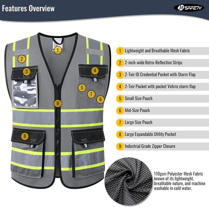 JKSafety Hi Vis Reflective Safety Vests for Men Women High Visibility Vest with Pockets Mesh Fabric Construction Safety Apparel Neon Vest for Work (220-Black L)