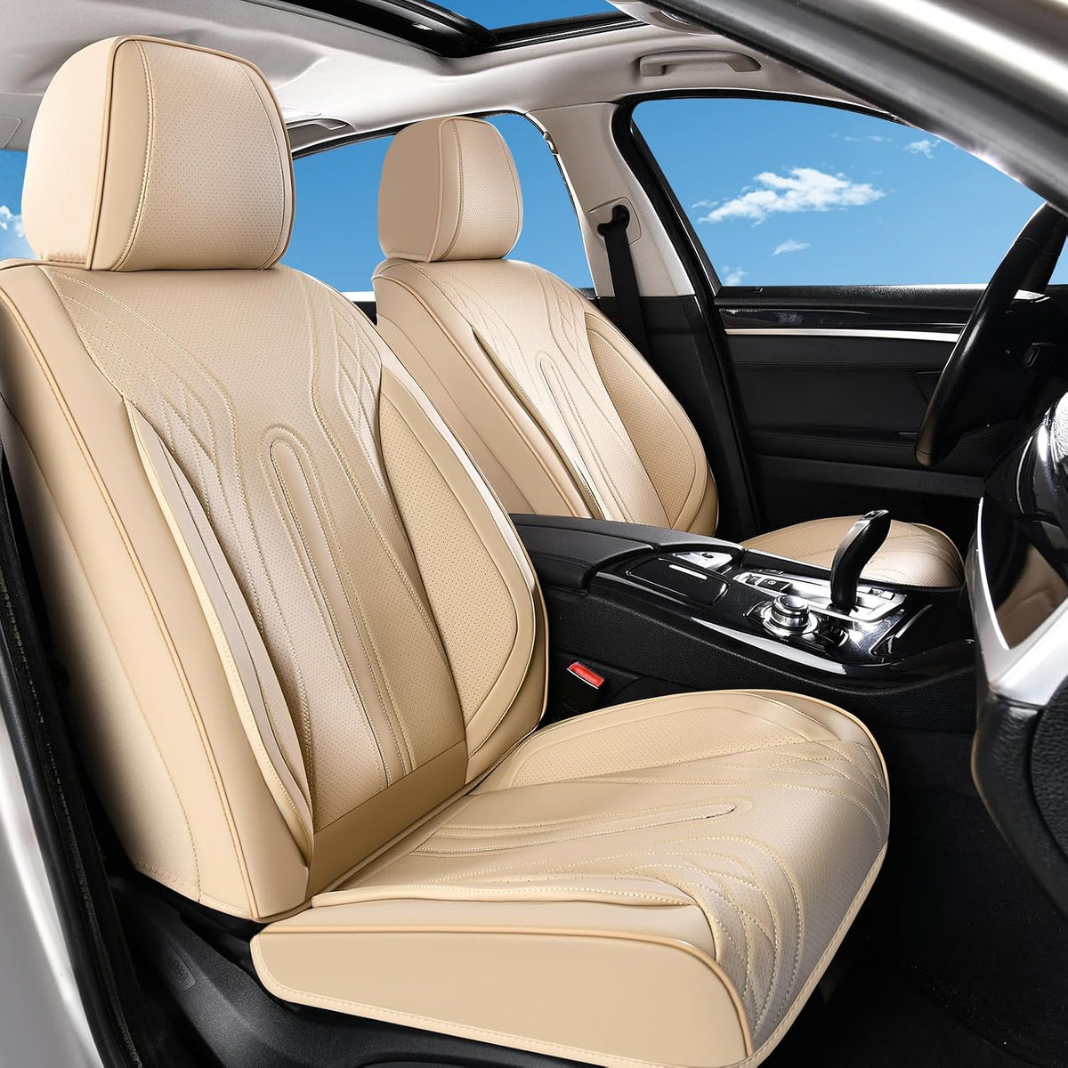 Huidasource Coffee Seat Covers Full Set, Universal Fit for Most Cars Trucks SUV, Full Coverage Leather Seat Cover, Airbag, Cupholder Compatible, Velcro Adjustable, Heaating/Cooling Function Retain