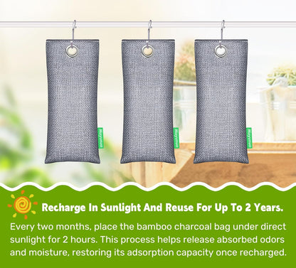 Activated Charcoal Odor Absorber for Strong Odor, Basement, Cars, Closets, Shoes, Smoke. 3 Pack Bamboo Charcoal Air Purifying Bags Deodorizer Odor Eliminator for Home