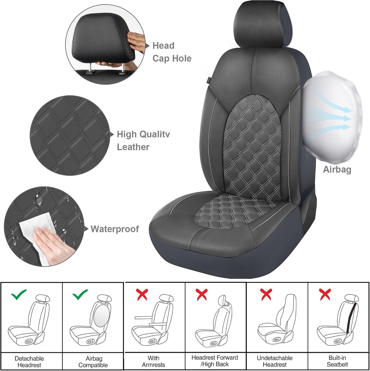 CAROMOP Luxury PU Leather Car Seat Covers Full Set-Waterproof Seat Protectors with Split Bench Seat Covers for Cars-Universal Cars Interior Covers for Sedans, SUVs, Pick-up Trucks(Gray/Gray Line)