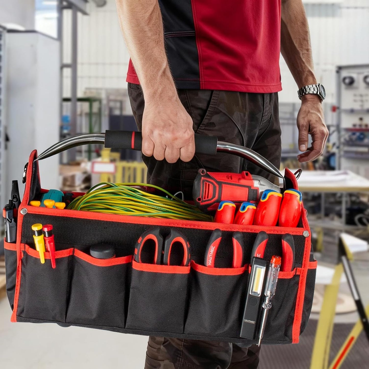 HAUTMEC 13 Inch Tool Bag, Foldable Open Top Tool Bag with Stiff Frame, Heavy-Duty Tool Tote with Padded Handle, Water-Resistant Base, Portable Tool Organizer for DIY & Jobsite Use – TB0001
