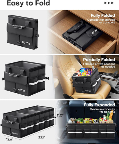 HOTOR Car Trunk Organizer - Trunk Organizer for SUV with Removable Cooler Bag, Foldable Cover, 3 Compartment Car Storage Essential Car Accessories for Truck, Van & Sedan, Black, 33.1" x 12.6" x 11.0"