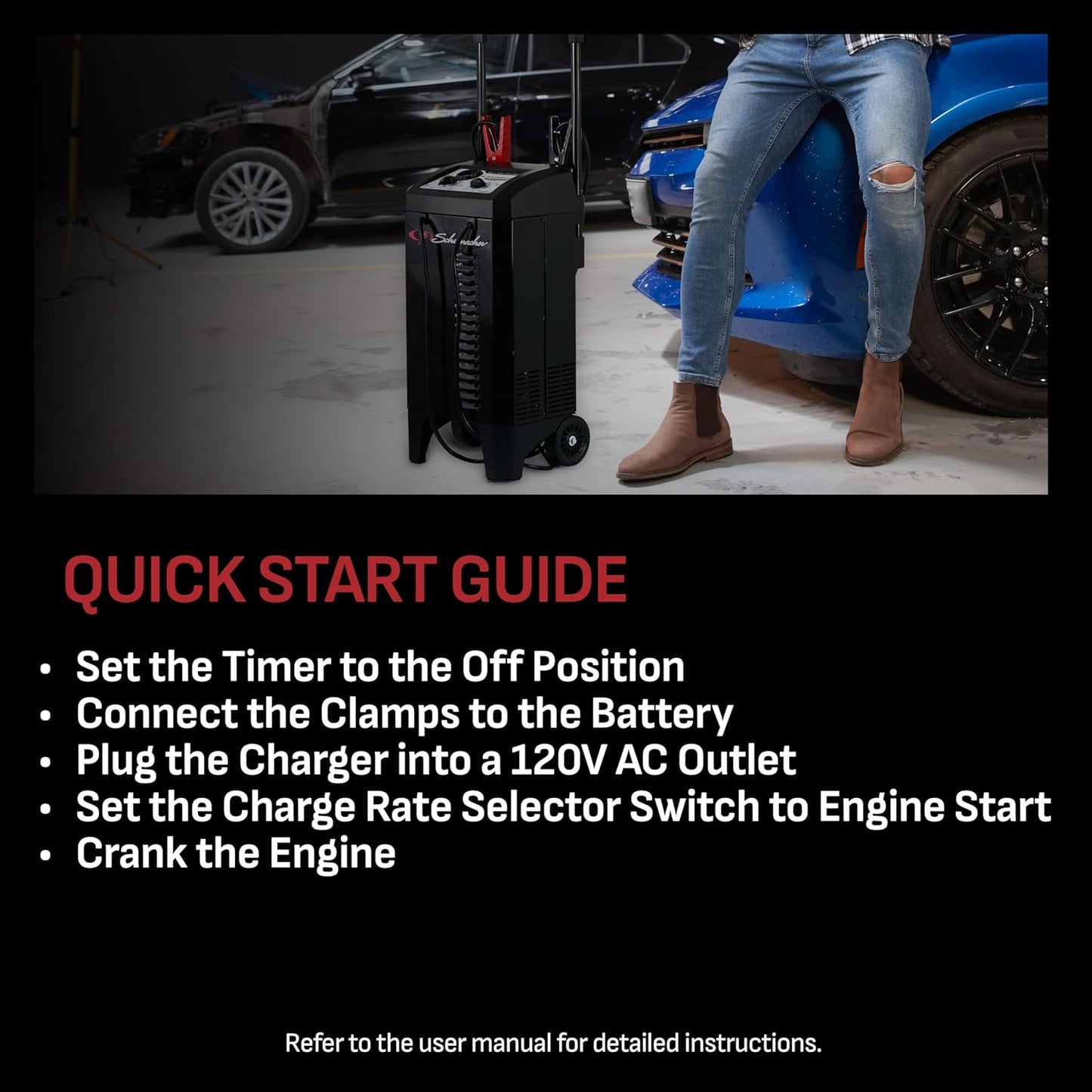 Schumacher Electric Wheeled Manual 10A Car Battery Charger and 200A Engine Starter, 2-in-1 Solution, 50A Boost, for 12V/24V Power Sport, Automotive, and Marine Batteries, SC1633
