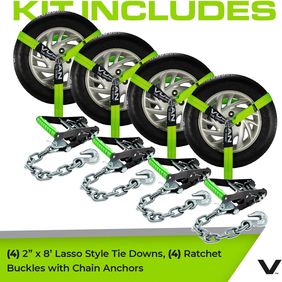 VULCAN Car Tie Down with Flat Hooks - Lasso Style - 2 Inch x 96 Inch - 4 Pack - Silver Series - 3,300 Pound Safe Working Load