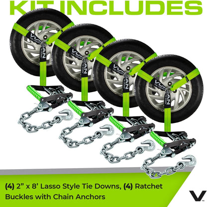 VULCAN Car Tie Down with Flat Hooks - Lasso Style - 2 Inch x 96 Inch - 4 Pack - Silver Series - 3,300 Pound Safe Working Load