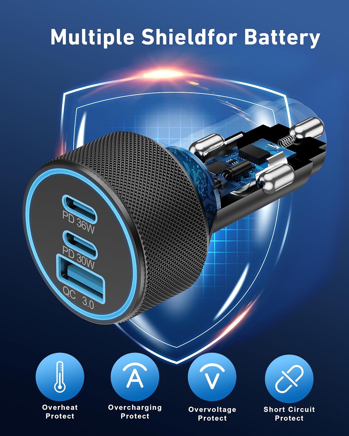 Car Charger USB C, 3-Port 67W Dual USB-C & USB-A Car Phone Charger Accessories Power Adapter Fast Charging Cigarette Lighter for iPhone 17/16/15/14/13/12/11 Pro Max, iPad, Galaxy S26/S25/S24, Android