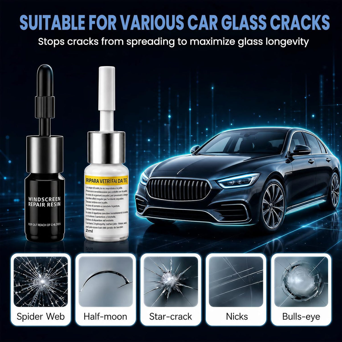 Upgraded Windshield Repair Kit for Chips & Cracks, Professional Windshield Crack Repair Kit with Type-C & UV Curing Light, Nano Car Glass Chip Repair Fluid for Star, Bulls-Eye & Long Cracks