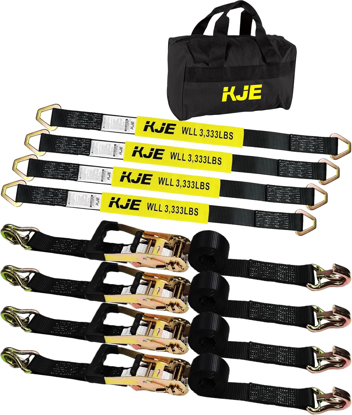 KJE Heavy Duty Car Trailer Tie Down Straps 4 Pack Kit - 2" x 8' Ratchet Straps + J-Hooks with Clip, 2" x 36'' Axle Straps - 10,000lbs Break Strength - Use for Car, Truck, UTV Transport