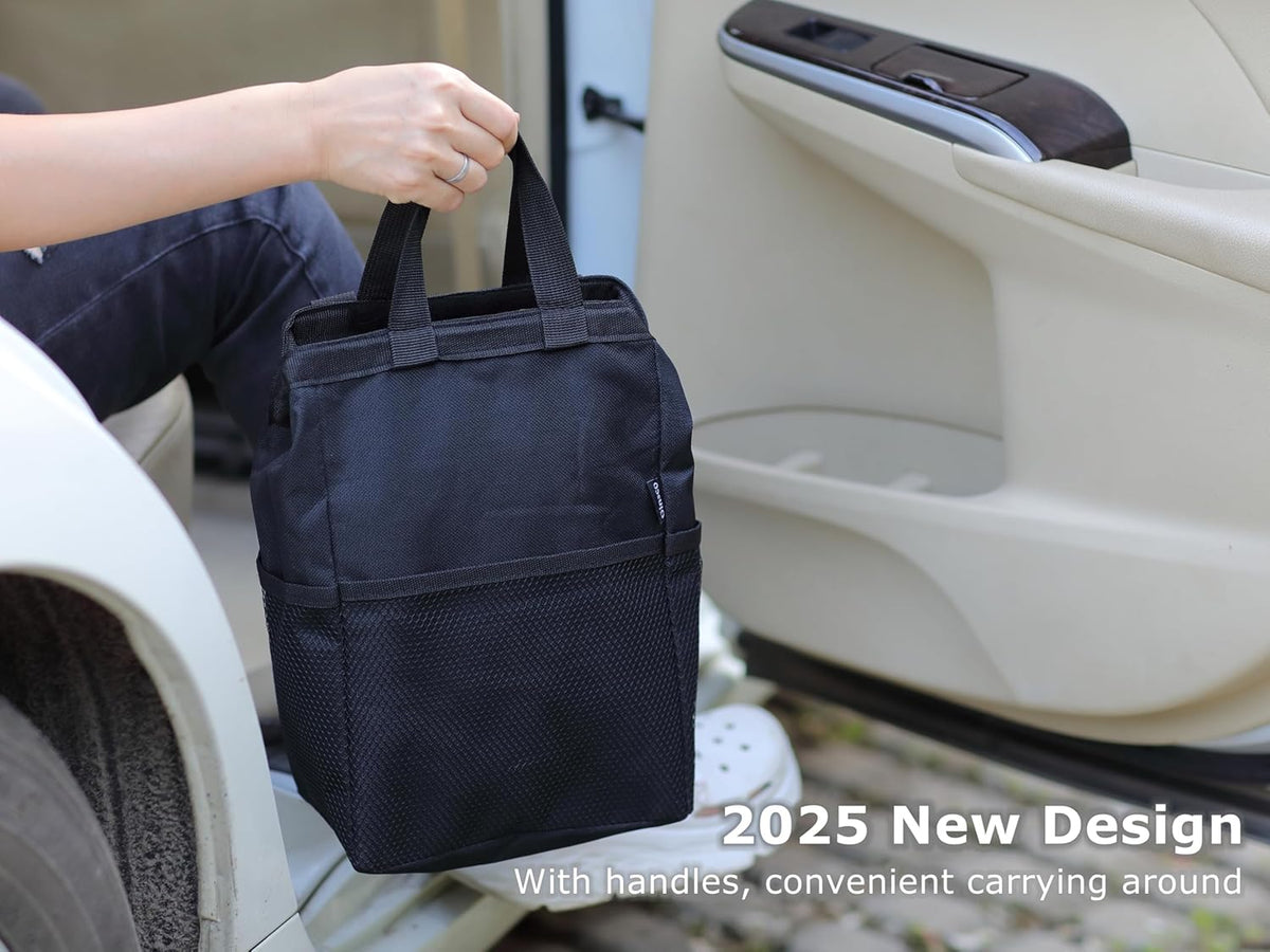 Ginsco New Leak-Proof Travel Car Trash Bag, 3.5 Gallons Large Capacity Hanging Car Trash Can with Hook and Loop Lid and Handle, Multipurpose Trash Bin with Storage Pockets for SUV RV Camping (Black)