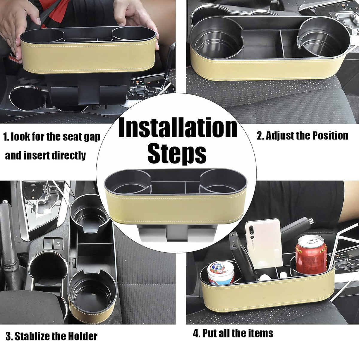 IOKONE Car Cup Holder, Auto Cup Drink Holders，Multifunctional Auto Front Seat Organizer with PU Leather Cover, Gap Filler Storage Box Coin Bucket Console Side Pocket Cell Mobile Phone Holder (Black)