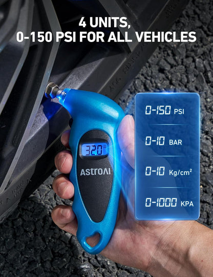 AstroAI Digital Tire Pressure Gauge 0-150PSI Calibrated to ANSI B40.7 +/-1PSI, Accurate in 0.1 Increments, Tire Repair Tools 4 Pressure Measurements for Car Truck with Backlight LCD, Silver