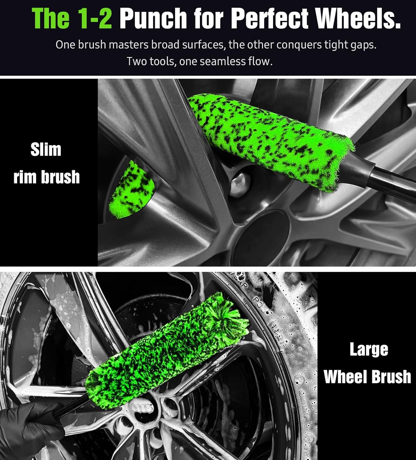 YeewayVeh 3PCS Quick Car Wheel Brush Kit, 2-Size 360° Bendale Rim Cleaner Brushes, Boars Hair Detailing Brush, Fast Scratch-Free Cleaning for Car Wheels, Motorcycle, Green