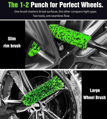 YeewayVeh 3PCS Quick Car Wheel Brush Kit, 2-Size 360° Bendale Rim Cleaner Brushes, Boars Hair Detailing Brush, Fast Scratch-Free Cleaning for Car Wheels, Motorcycle, Green