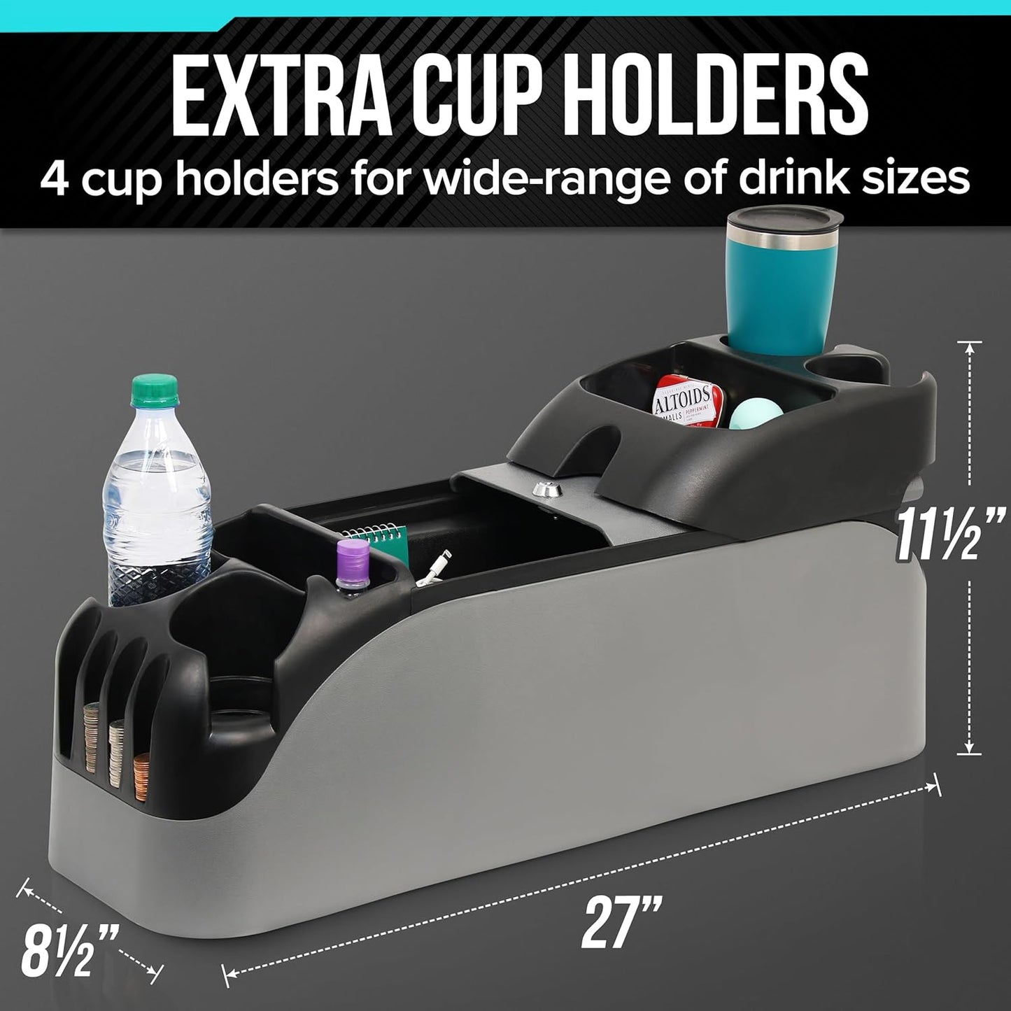 Moblorg Center Console for Minivans, SUVs, Middle Van Console, Extra Cup Holders, Large Storage, 27"L x 11.5"W x 8.5"H,Made in USA (Black)