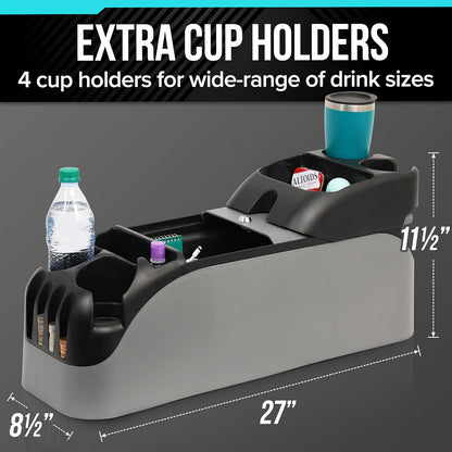 Moblorg Center Console for Minivans, SUVs, Middle Van Console, Extra Cup Holders, Large Storage, 27"L x 11.5"W x 8.5"H,Made in USA (Black)