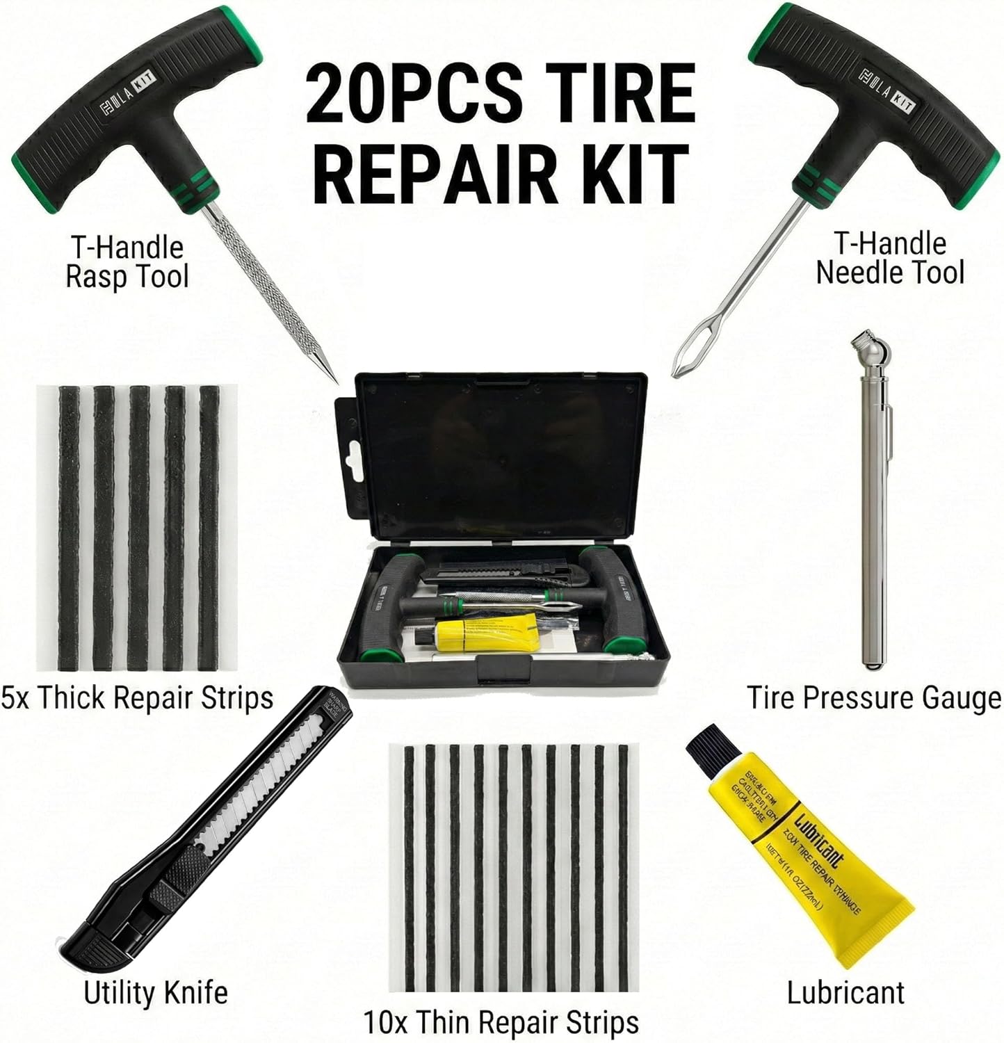 20PCS Tire Repair Kit – Flat Tire Plug Kit includes Ergonomic T-Handle Tools with Rubber Covered Grip, 2 Sizes Tire Repair strips, Knife, Tire Pressure Gauge & Lubricant – Car, SUV, Motorcycle, ATV