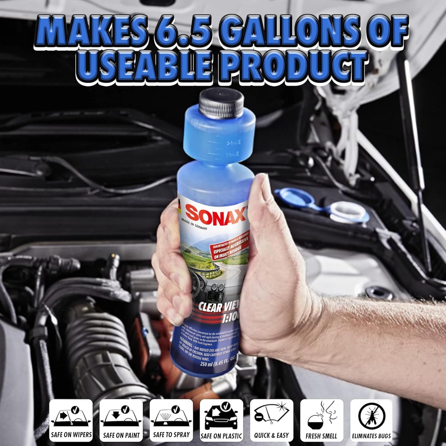 SONAX Clear View Concentrate 271141 | High-Performance Windshield Cleaner Concentrate | Remove Insects, Oil, Road Grime & Film | Streak-Free Phosphate-Free Formula | Makes 6 Gallons of Cleaner | 250ml