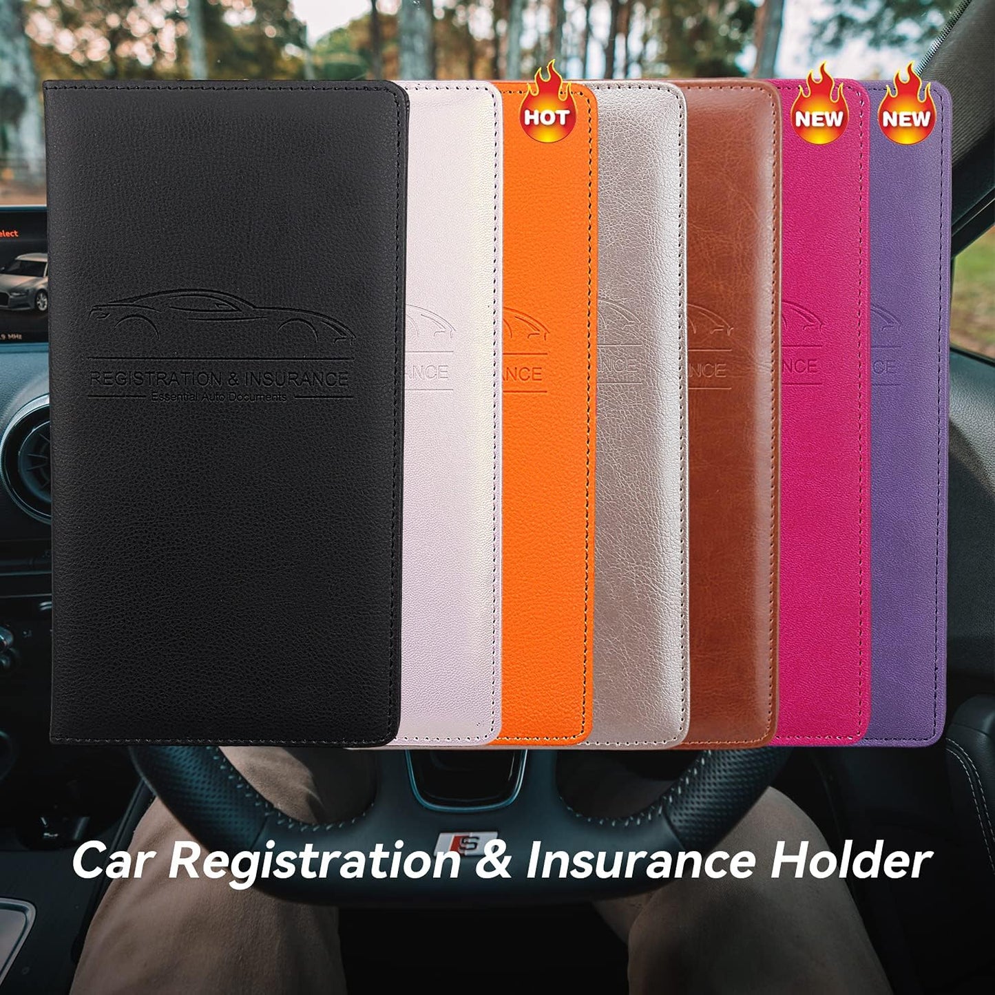 Car Registration and Insurance Holder, Premium Pu Leather Vehicle Glove Box Organizer - for Driver License, Cards & Essential Documents (L-Orange)