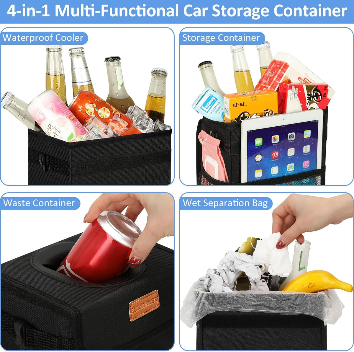 ELONGRIVER Car Trash Can Bin for Back Seat Leak Proof, Cute Car Trash Bag Hanging, Vehicle Trash Can for SUV Truck Van, Automotive Garbage Cans Front Seat Black