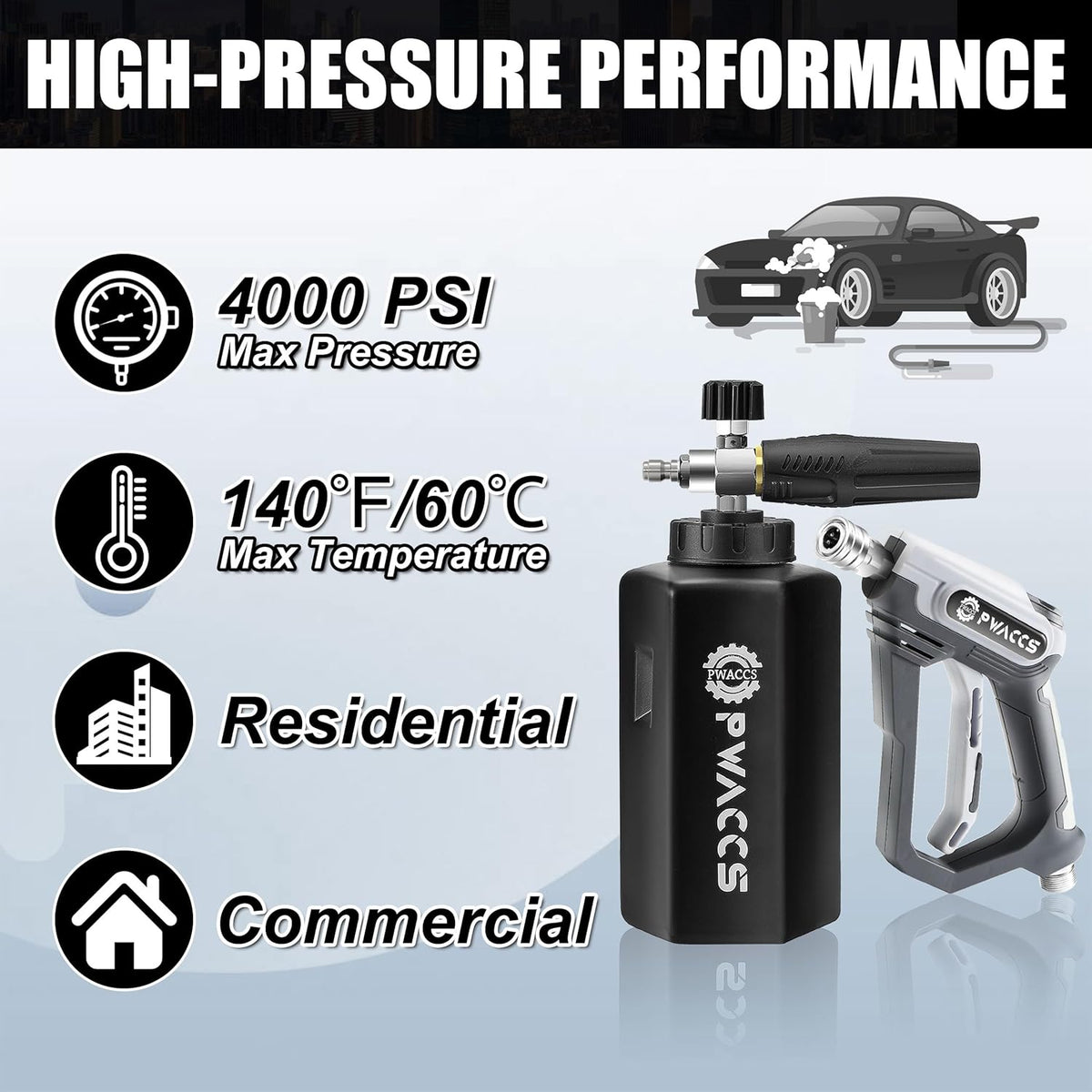 PWACCS Pressure Washer Foam Gun, Short Pressure Washer Gun, Foam Cannon for Car Wash Kit with 1/4" Quick Connector, Pressure Wash Handle for Power Washer with M22 Male Inlet, 4000 PSI, 1.5 Liter