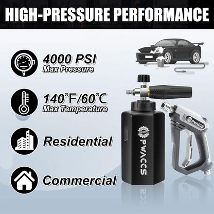 PWACCS Pressure Washer Foam Gun, Short Pressure Washer Gun, Foam Cannon for Car Wash Kit with 1/4" Quick Connector, Pressure Wash Handle for Power Washer with M22 Male Inlet, 4000 PSI, 1.5 Liter